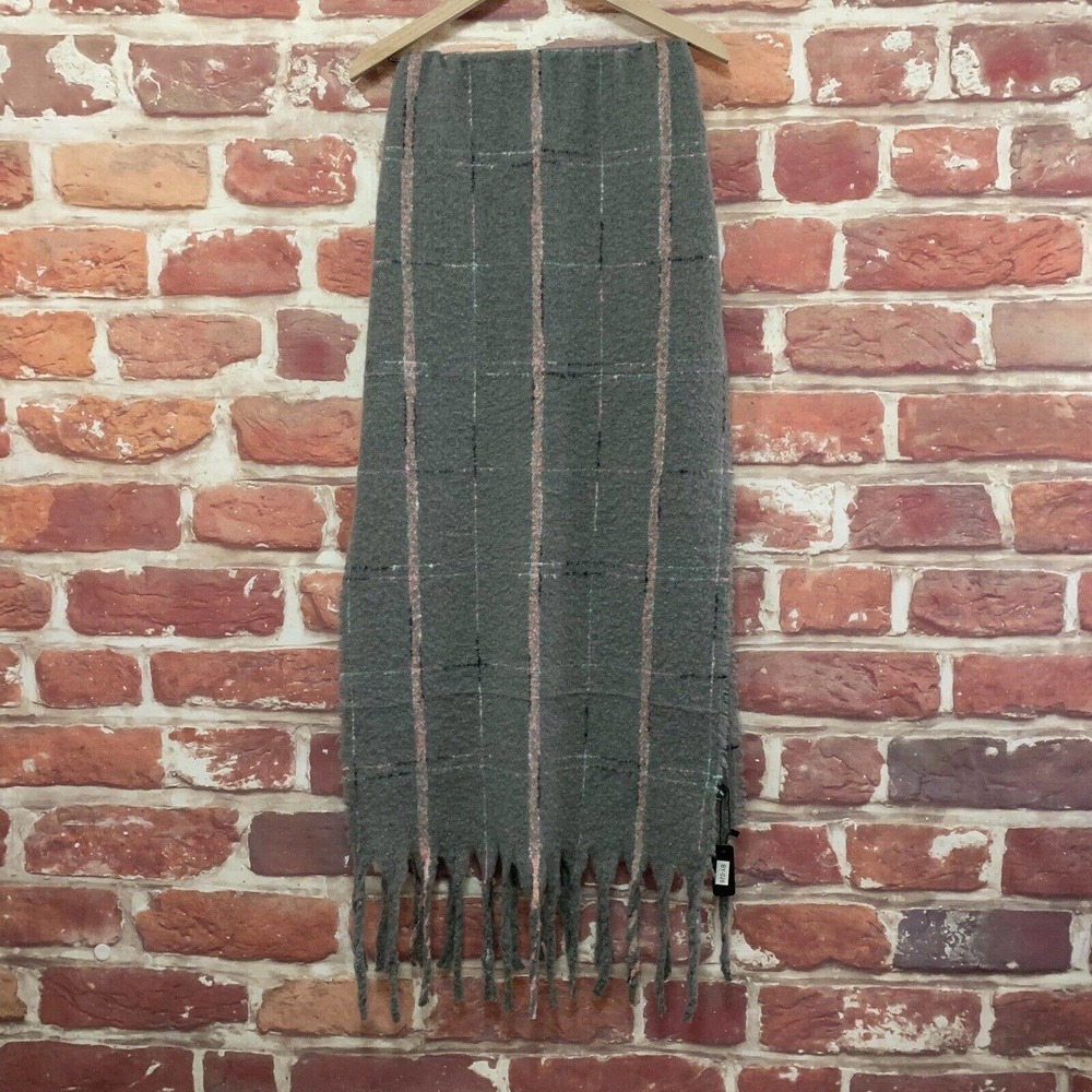 Plaid Blanket Scarf Womens 92" Gray Pink Wool Blend Knit Multicolor Fringe Shawl
